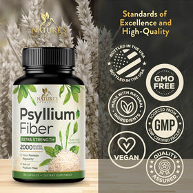 Nature's Nutrition Psyllium Husk Powder 2000mg capsules on a wooden table