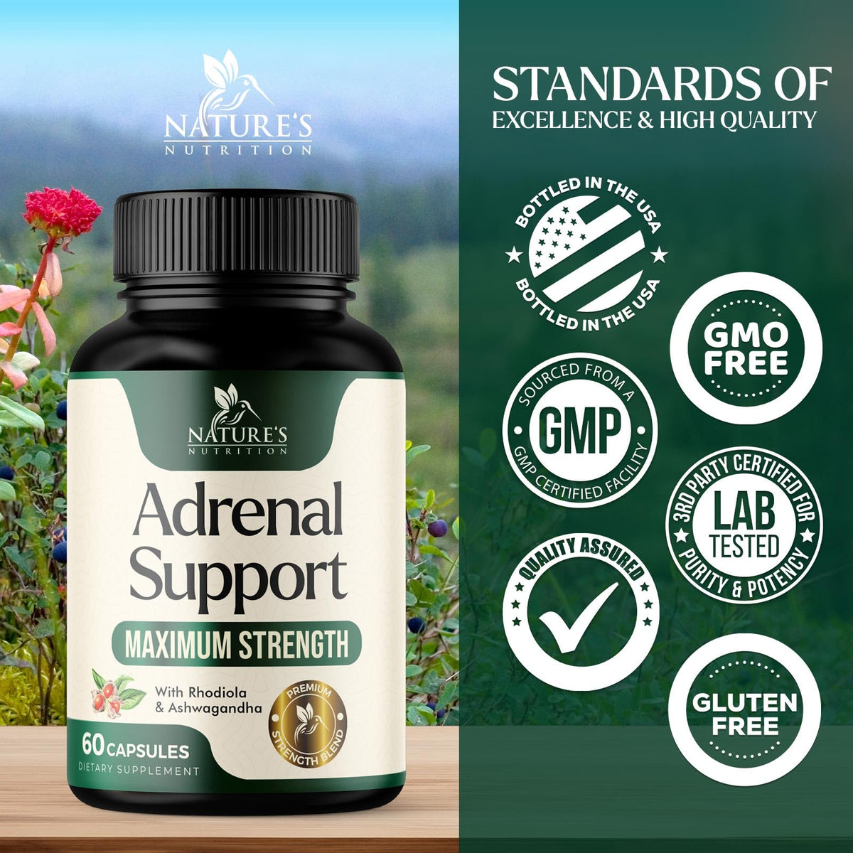 Nature's Nutrition Soutien Surrénal capsules à côté d'une tasse