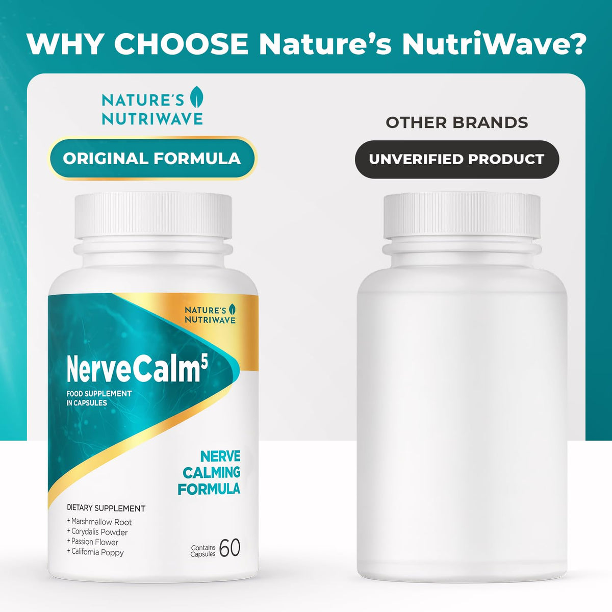 Nature’s NutriWave NerveCalm bouteille ouverte avec capsules visibles