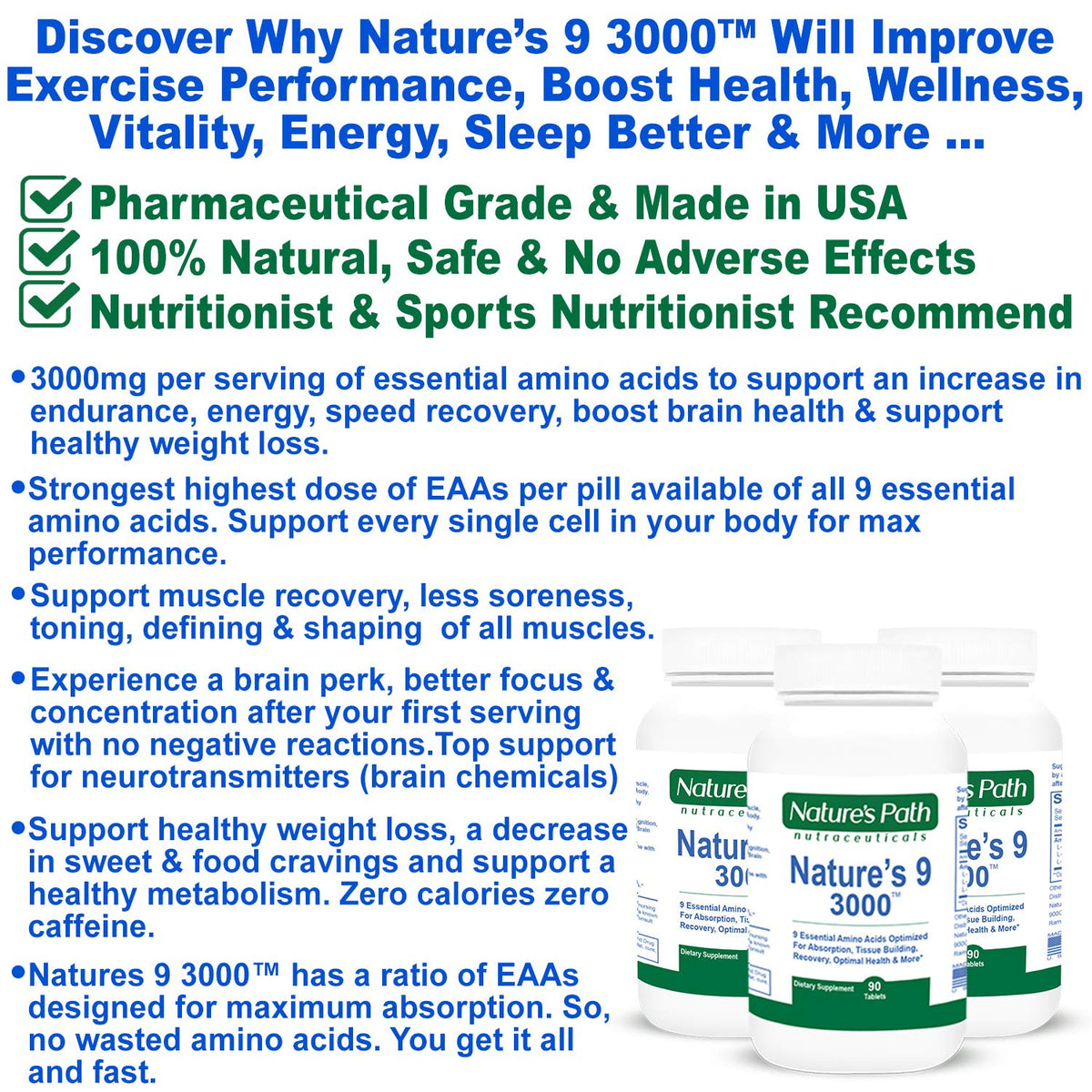 NATURE'S PATH NUTRACEUTICALS Complément Amino Acides Essentiels 3000mg, comprimés sur fond blanc