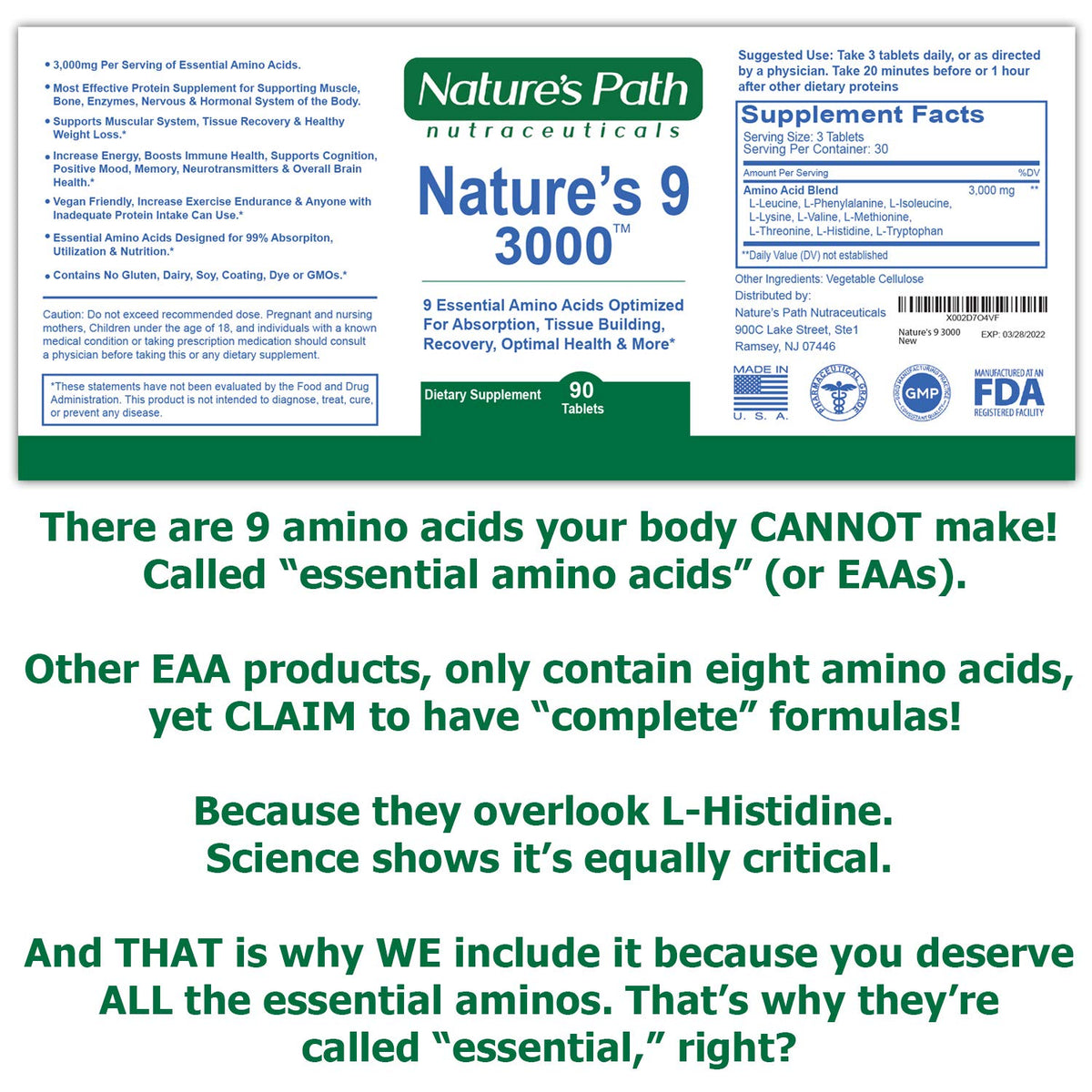 NATURE'S PATH NUTRACEUTICALS Complément Amino Acides Essentiels 3000mg, illustration des ingrédients