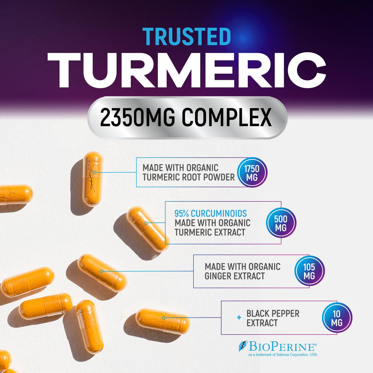 Nature's Peak Complément Alimentaire Curcuma capsules sur une table