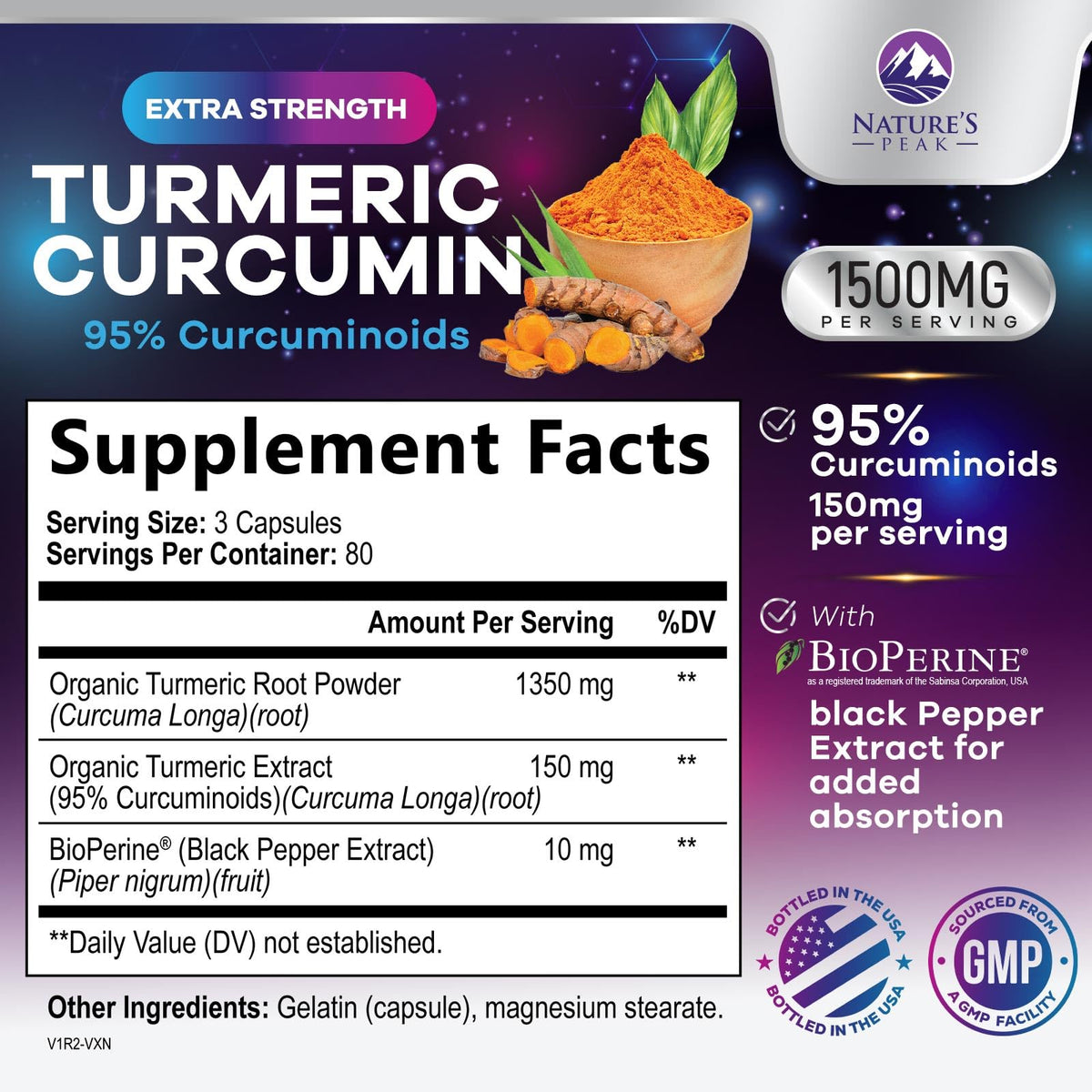 Nature's Peak Complément Curcuma 240 capsules vue de côté