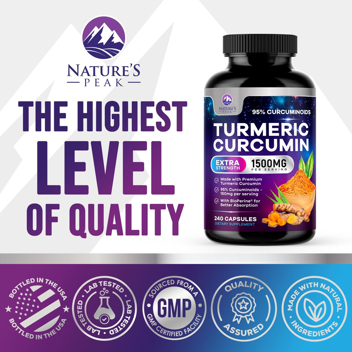 Nature's Peak Complément Curcuma capsules sur une table