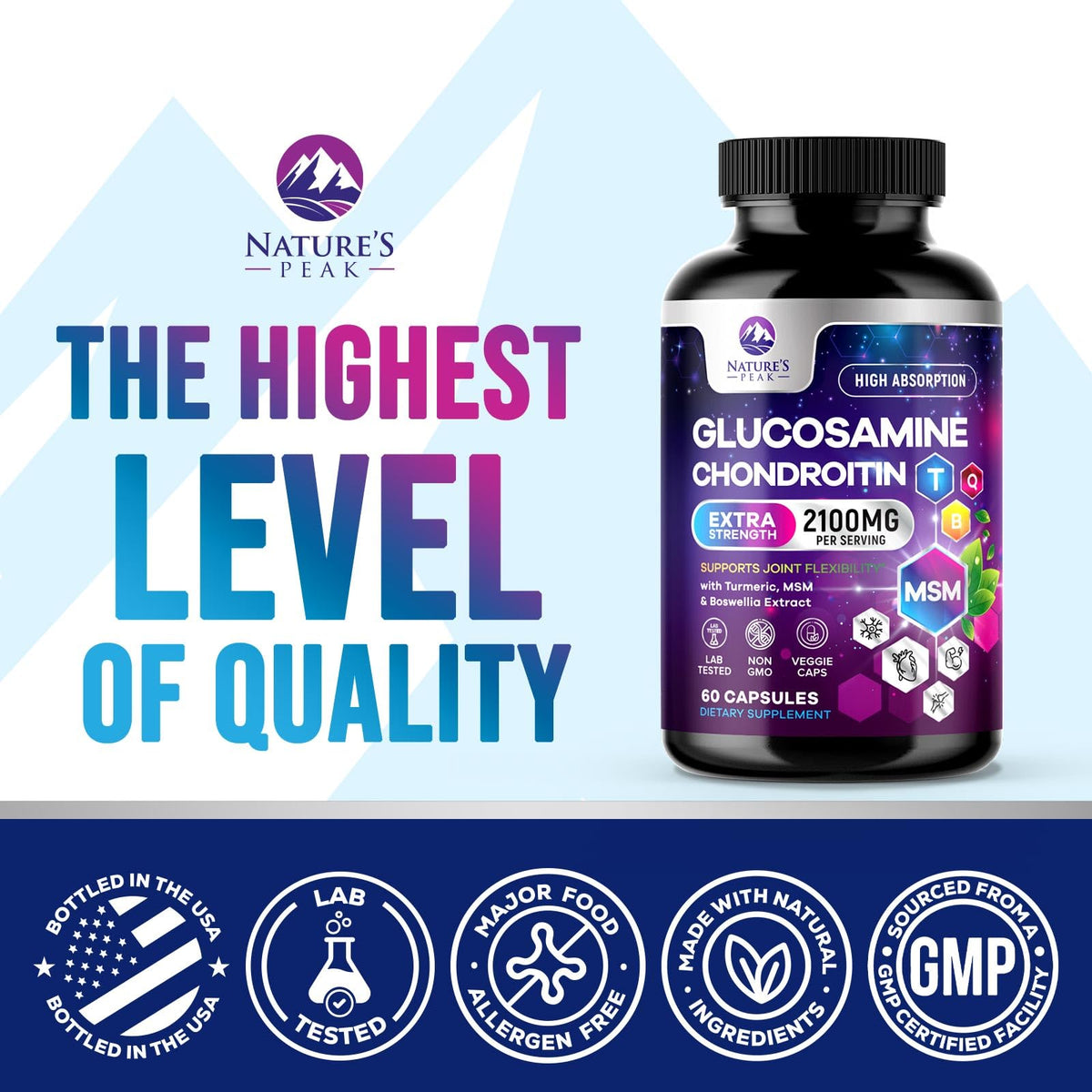 Nature's Peak Complex de Glucosamine Chondroïtine 2100mg étiquette détaillée