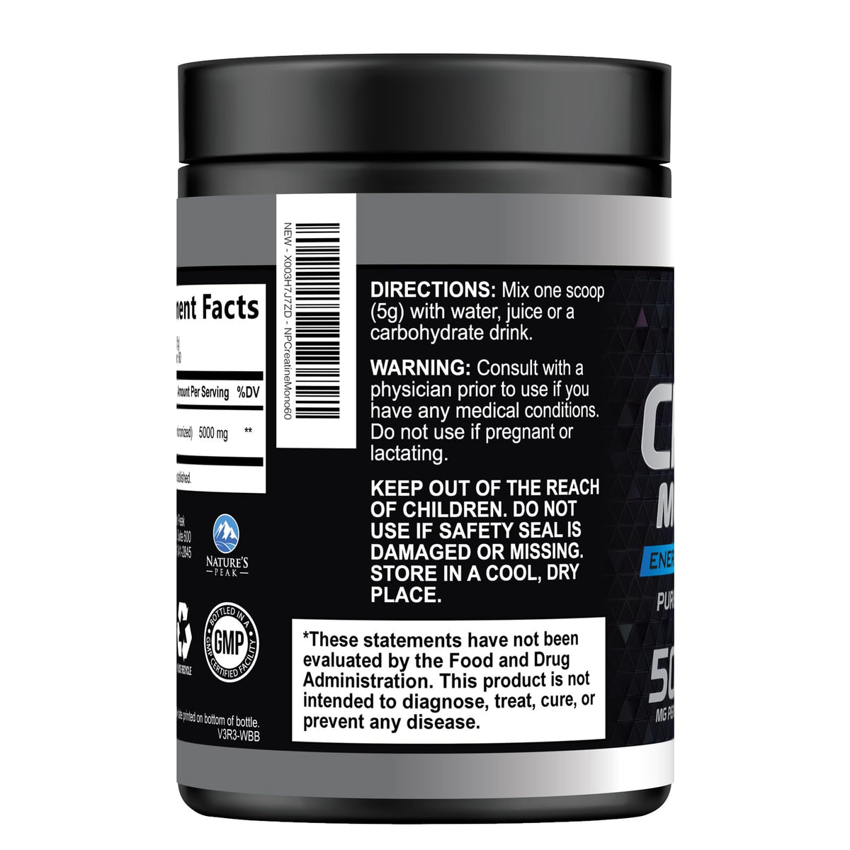 Nature's Peak créatine monohydrate 5000mg poudre pure sur table