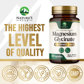 Nature's Peak Magnésium Glycinate 2000 mg ouvert avec capsules visibles