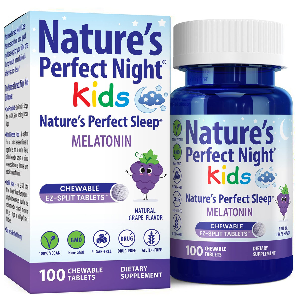 Nature's Perfect Night Melatonine Enfant 1mg 100 comprimés à mâcher, vue de devant