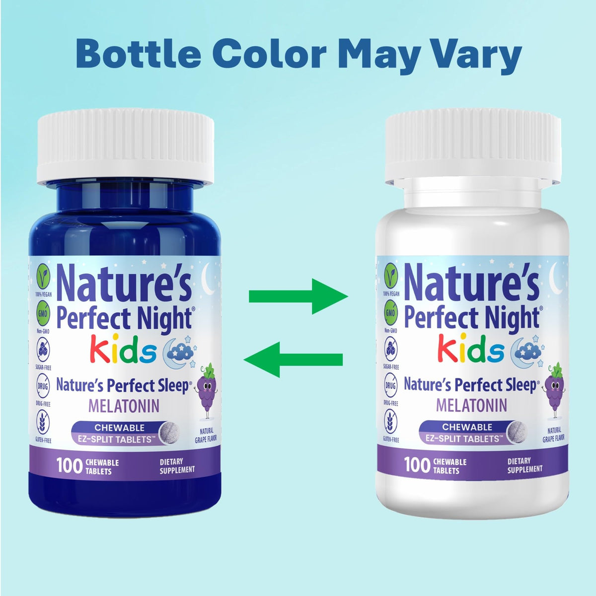 Nature's Perfect Night Melatonine Enfant 1mg ouvert avec comprimés visibles