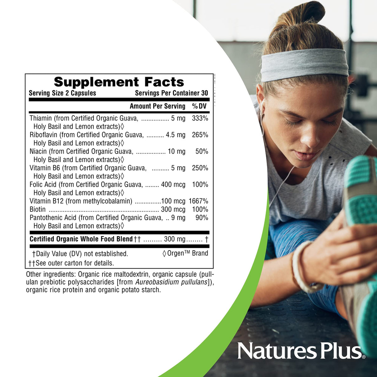 Nature's Plus B-Complex en mains avec bouteille ouverte