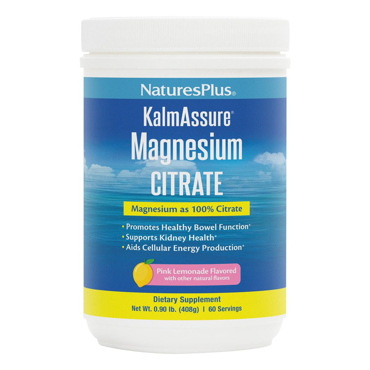 Nature's Plus KalmAssure Poudre de Magnésium 0,9 lb Saveur Citron Rose vue de face
