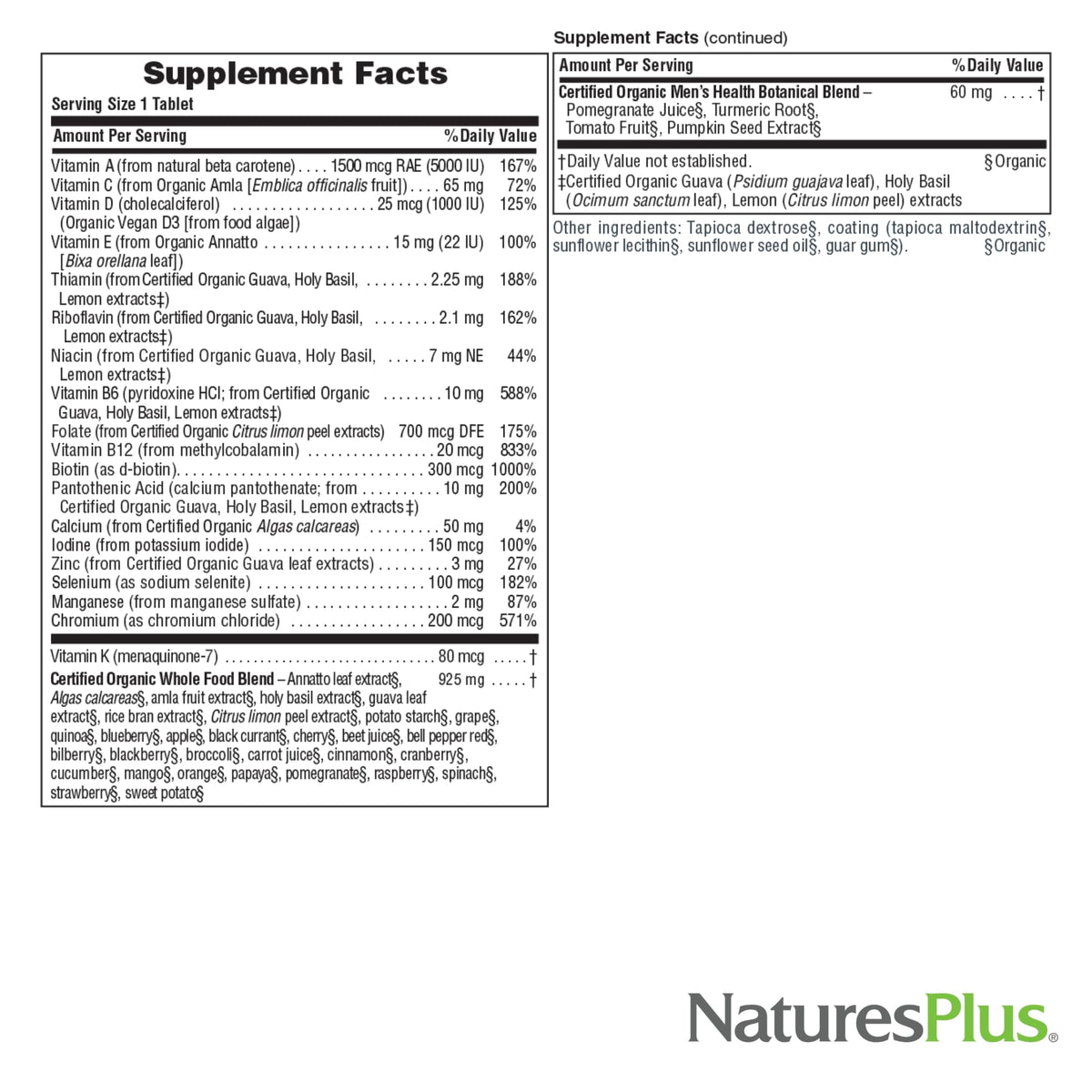 Nature's Plus Multivitamines Masculines Source of Life Garden boîte et comprimés