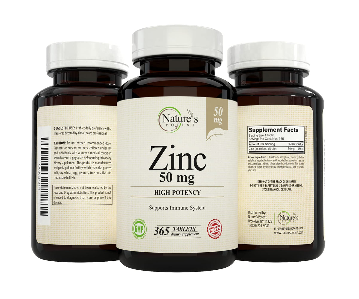 Nature's Potent Zinc 50 mg 365 tablettes sur fond blanc
