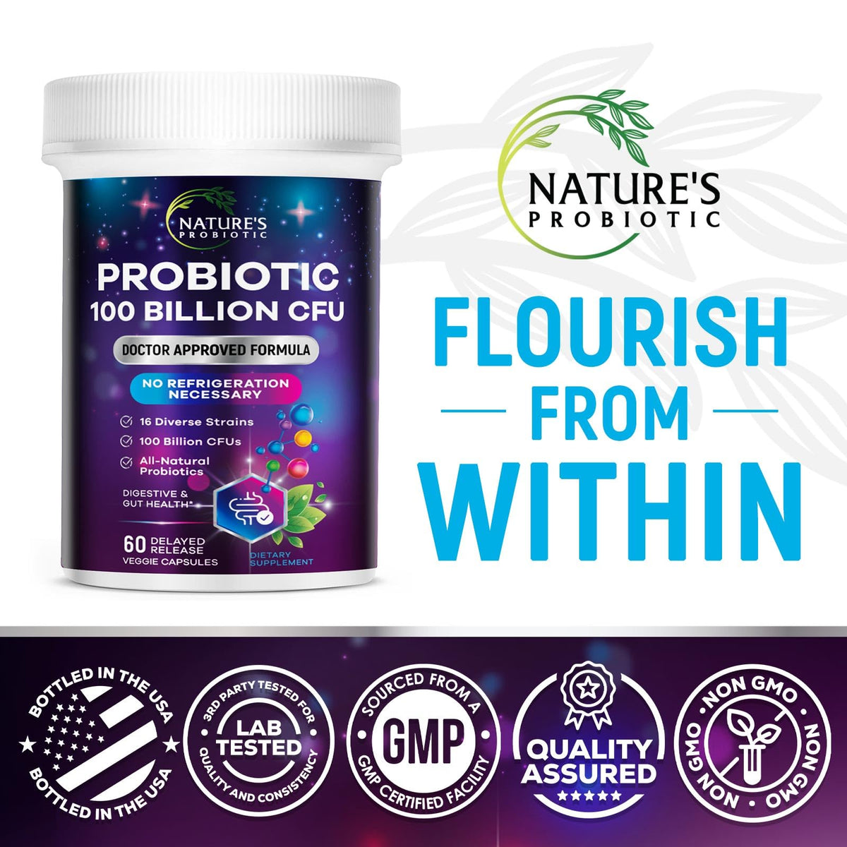 Nature's Probiotic 100 milliards CFU 60 capsules sur fond blanc