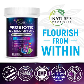 Nature's Probiotic 100 milliards CFU 60 capsules sur fond blanc