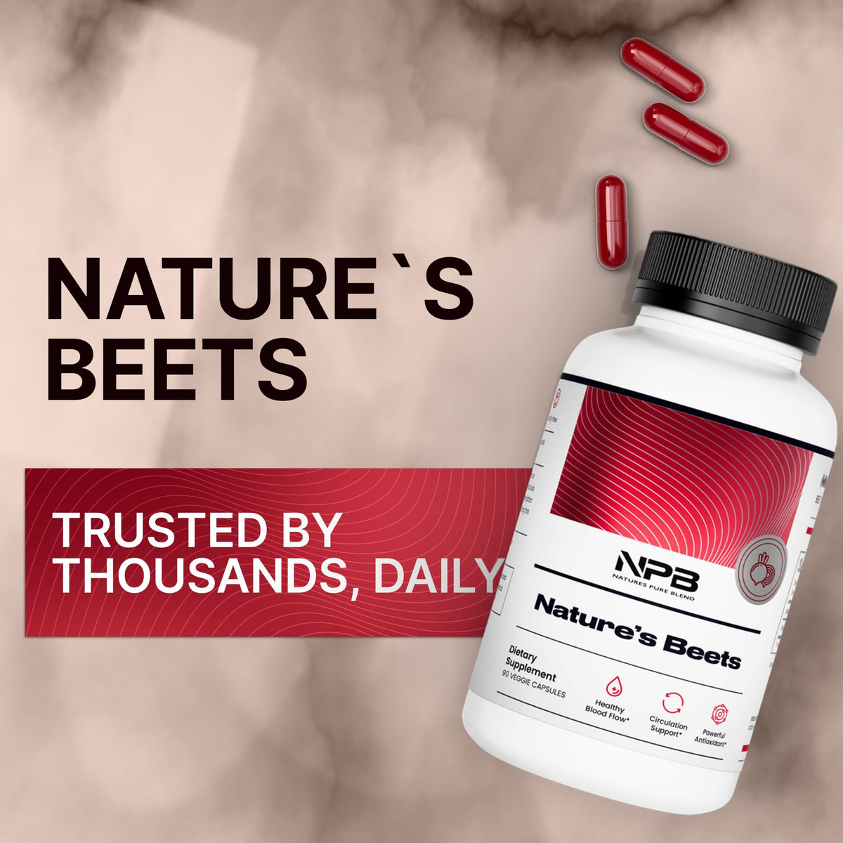Nature's Pure Blend Poudre de Betterave Bio 90 Gélules à côté d'un verre d'eau