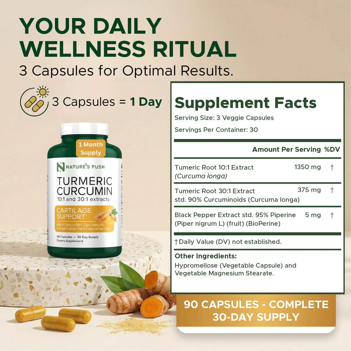 Nature's Push Curcuma 375mg, flacon avec étiquette claire
