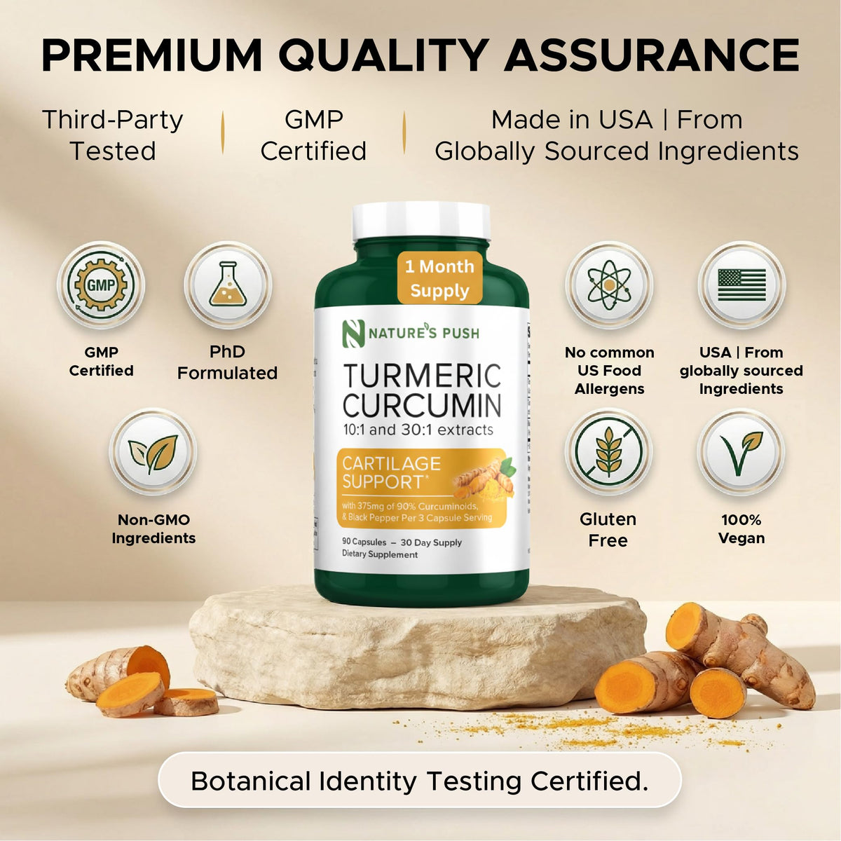 Nature's Push Curcuma 375mg, flacon ouvert avec capsules