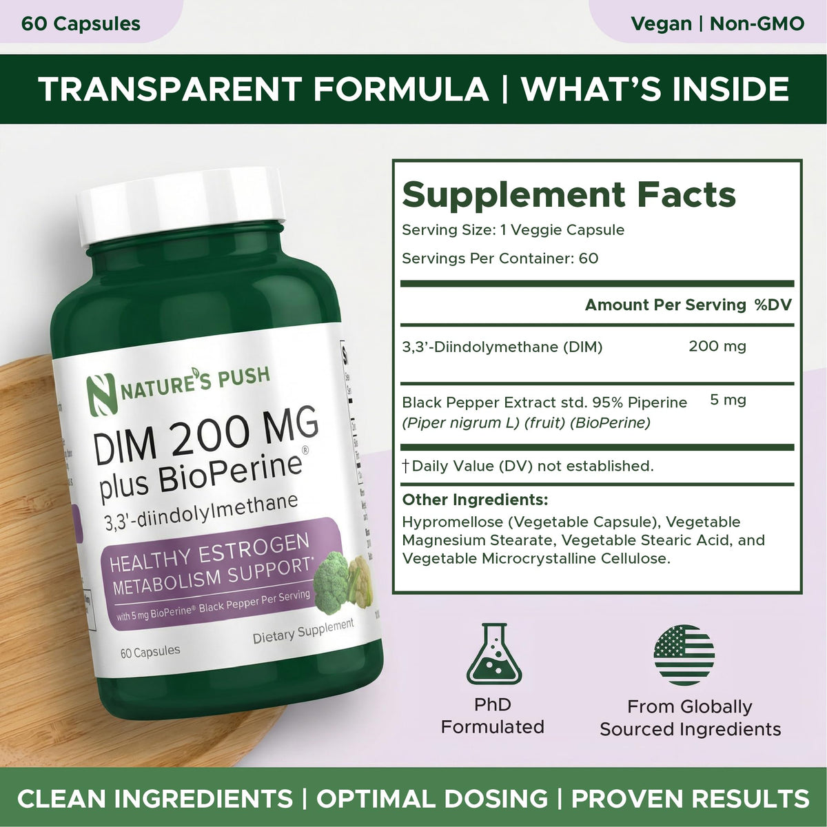 Nature's Push DIM 200mg Diindolylmethane capsules on a table