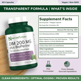 Nature's Push DIM 200mg Diindolylmethane capsules on a table