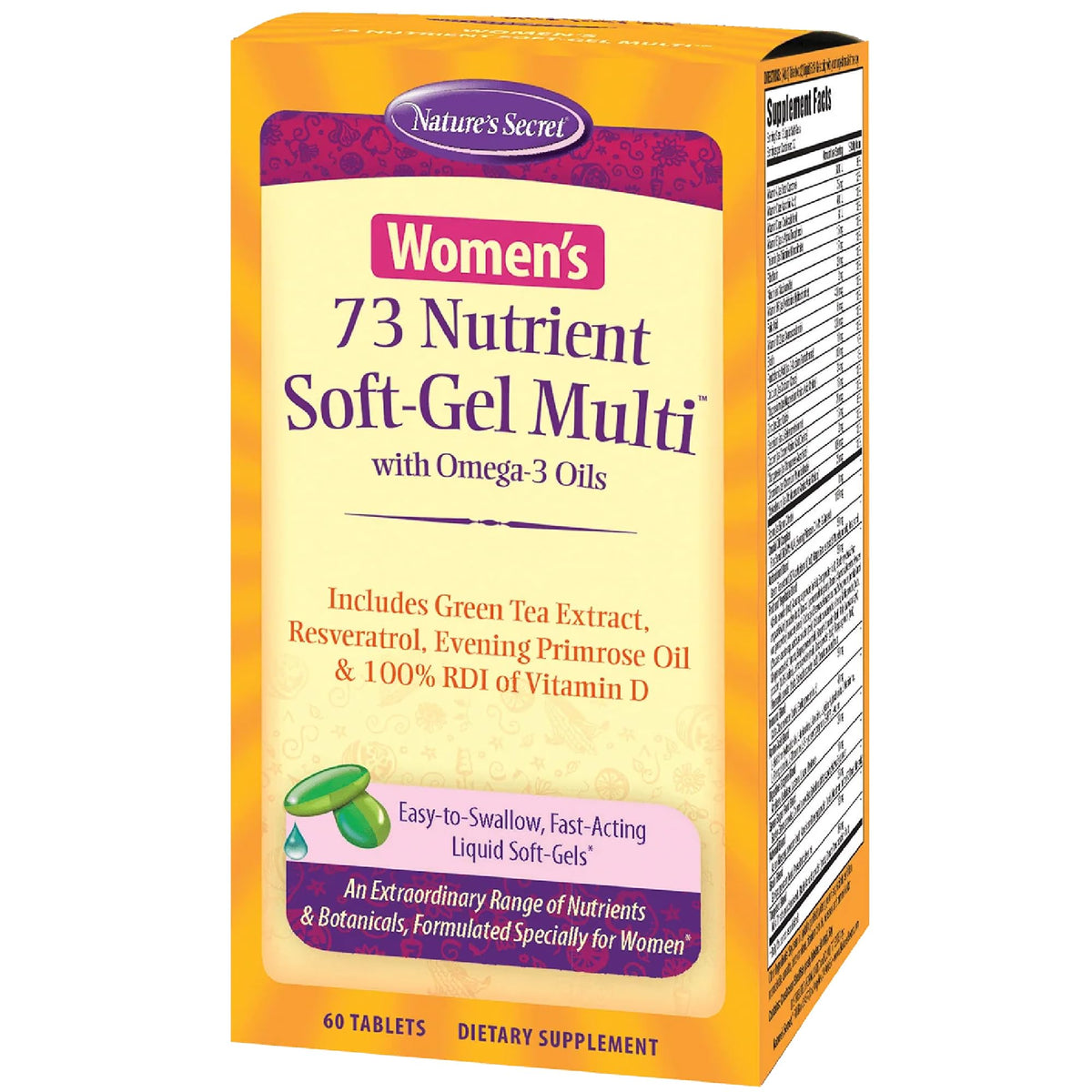 Nature's Secret Multivitamines Femme 73 Nutriments + Oméga 3, vue avant du flacon