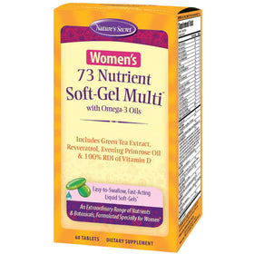 Nature's Secret Multivitamines Femme 73 Nutriments + Oméga 3, vue avant du flacon