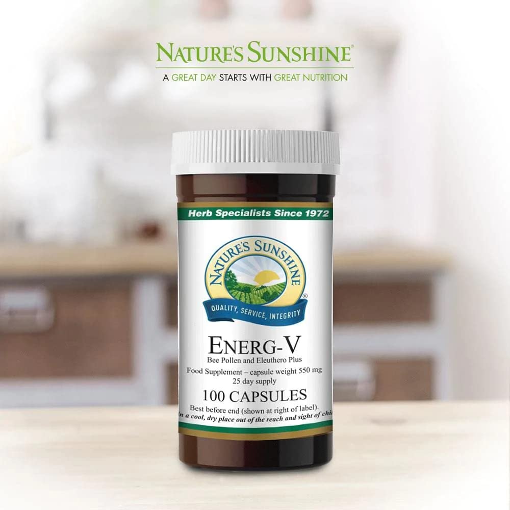 Nature's Sunshine Energ-V 100 capsules montrant les ingrédients