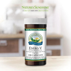 Nature's Sunshine Energ-V 100 capsules montrant les ingrédients