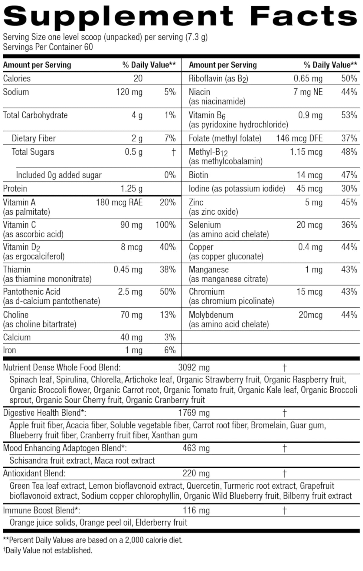 Nature's Sunshine Power Greens 499g sur une table avec des fruits