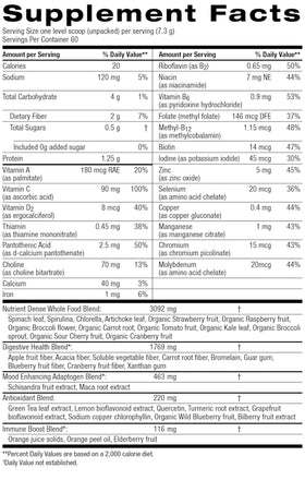 Nature's Sunshine Power Greens 499g sur une table avec des fruits