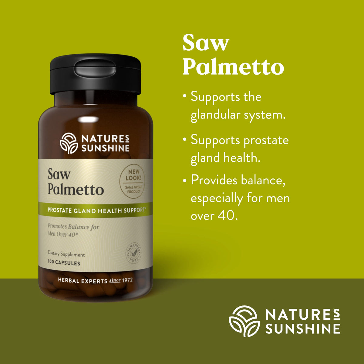 Nature's Sunshine Saw Palmetto, capsules sur une surface blanche
