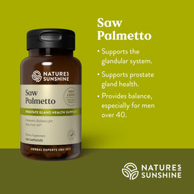 Nature's Sunshine Saw Palmetto, capsules sur une surface blanche