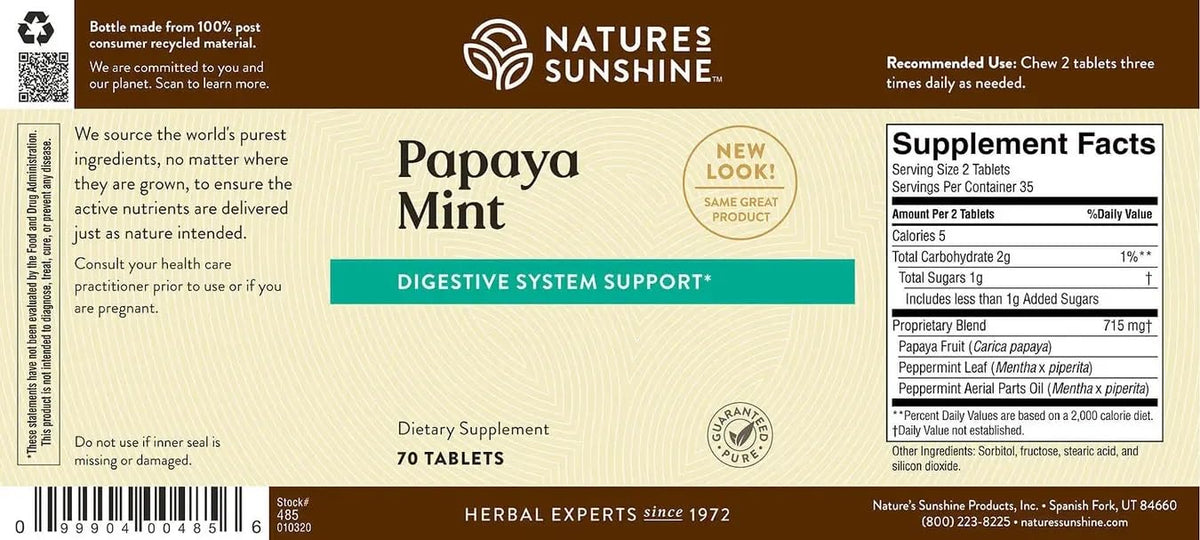 Nature's Sunshine Tablettes à Mâcher Papaye Menthe - tablettes sur une surface