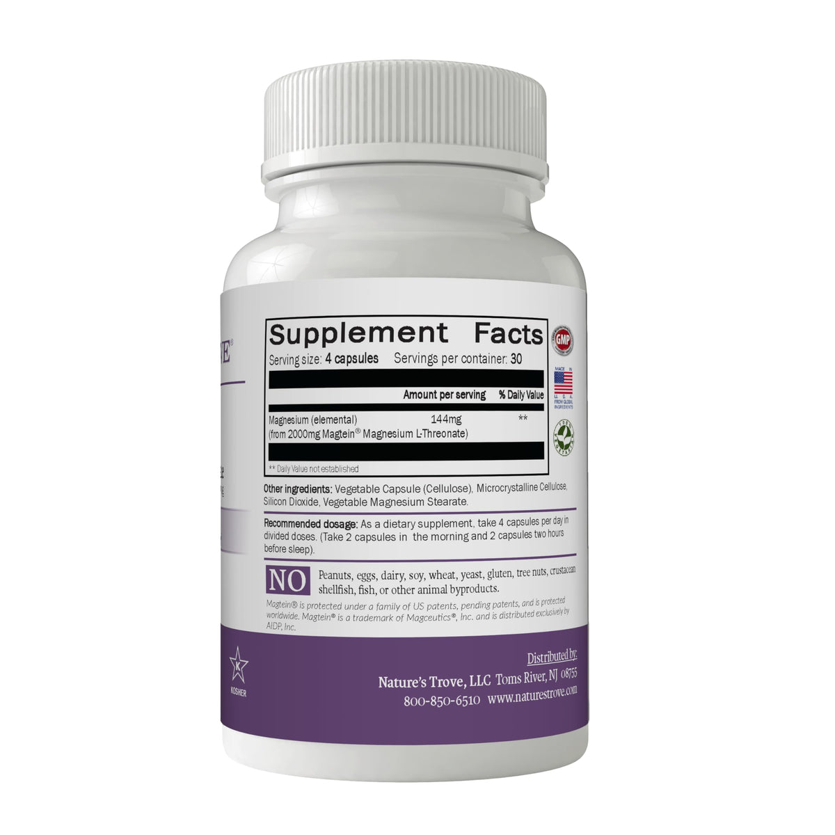 Nature's Trove Magnésium L-Thréonate 2000 mg - Capsules végétariennes sur fond blanc