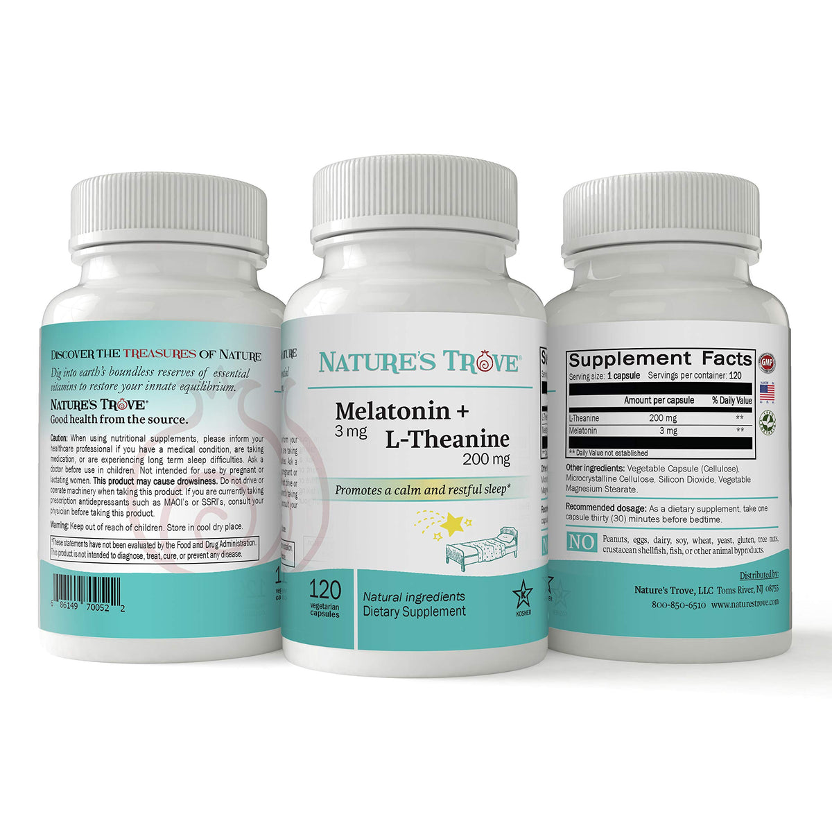Nature's Trove Melatonin 3mg + L-Theanine 200mg capsule close-up