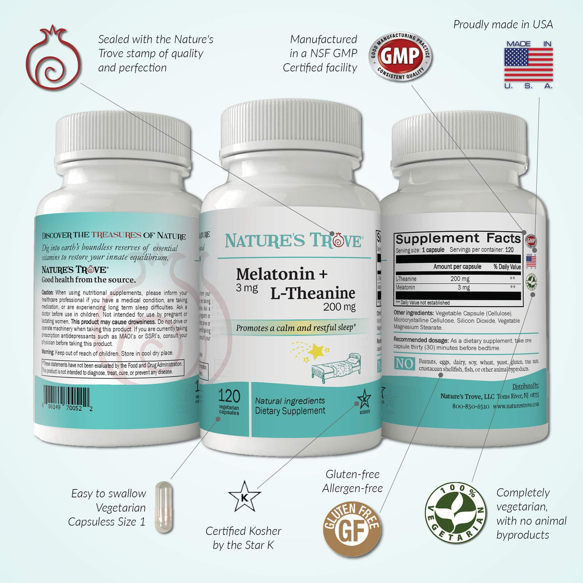 Nature's Trove Melatonin 3mg + L-Theanine 200mg packaging