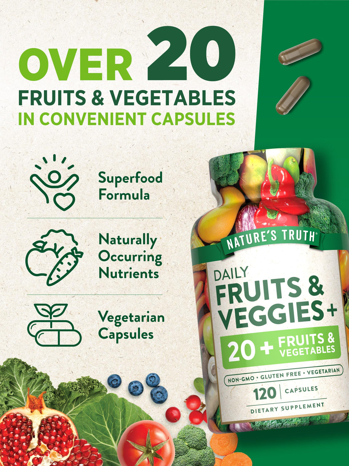 Nature's Truth 120 capsules végétariennes sur une table en bois