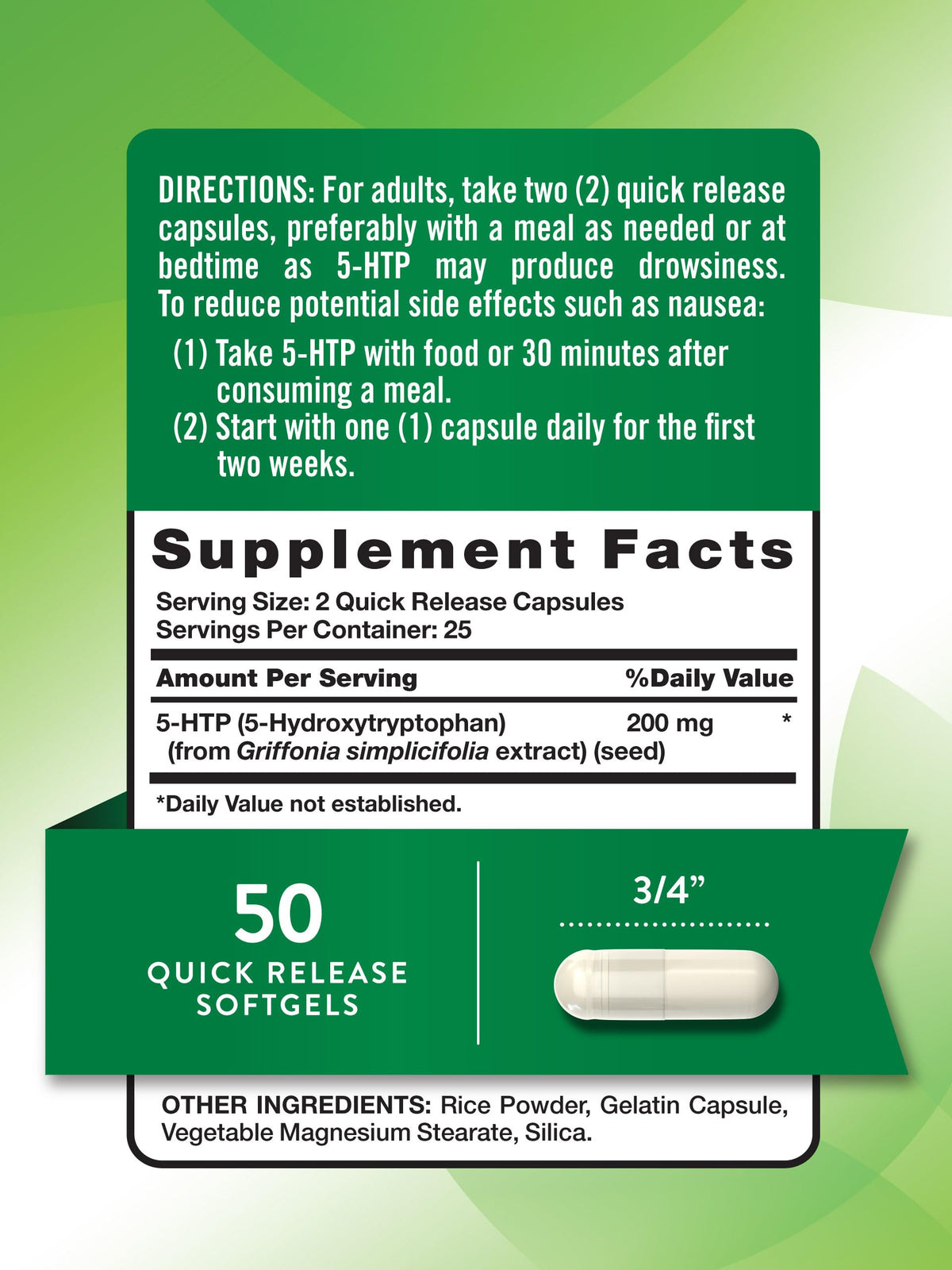 Nature's Truth 5-HTP 200mg capsules side view
