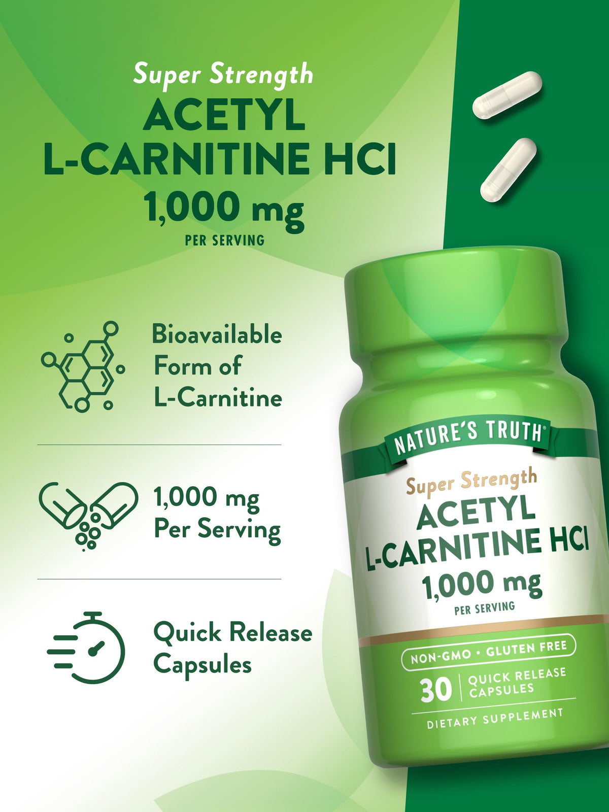 Nature's Truth Acétyl L-Carnitine 1000mg capsules sur un fond neutre