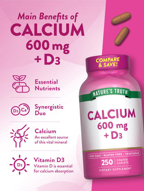 Nature's Truth Calcium 600mg avec Vitamine D3 et ingrédients étiquetés