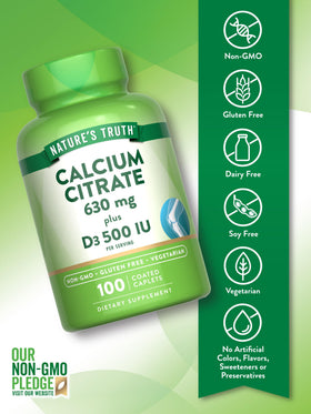 Nature's Truth Calcium Citrate 630 mg, étiquette du produit avec ingrédients