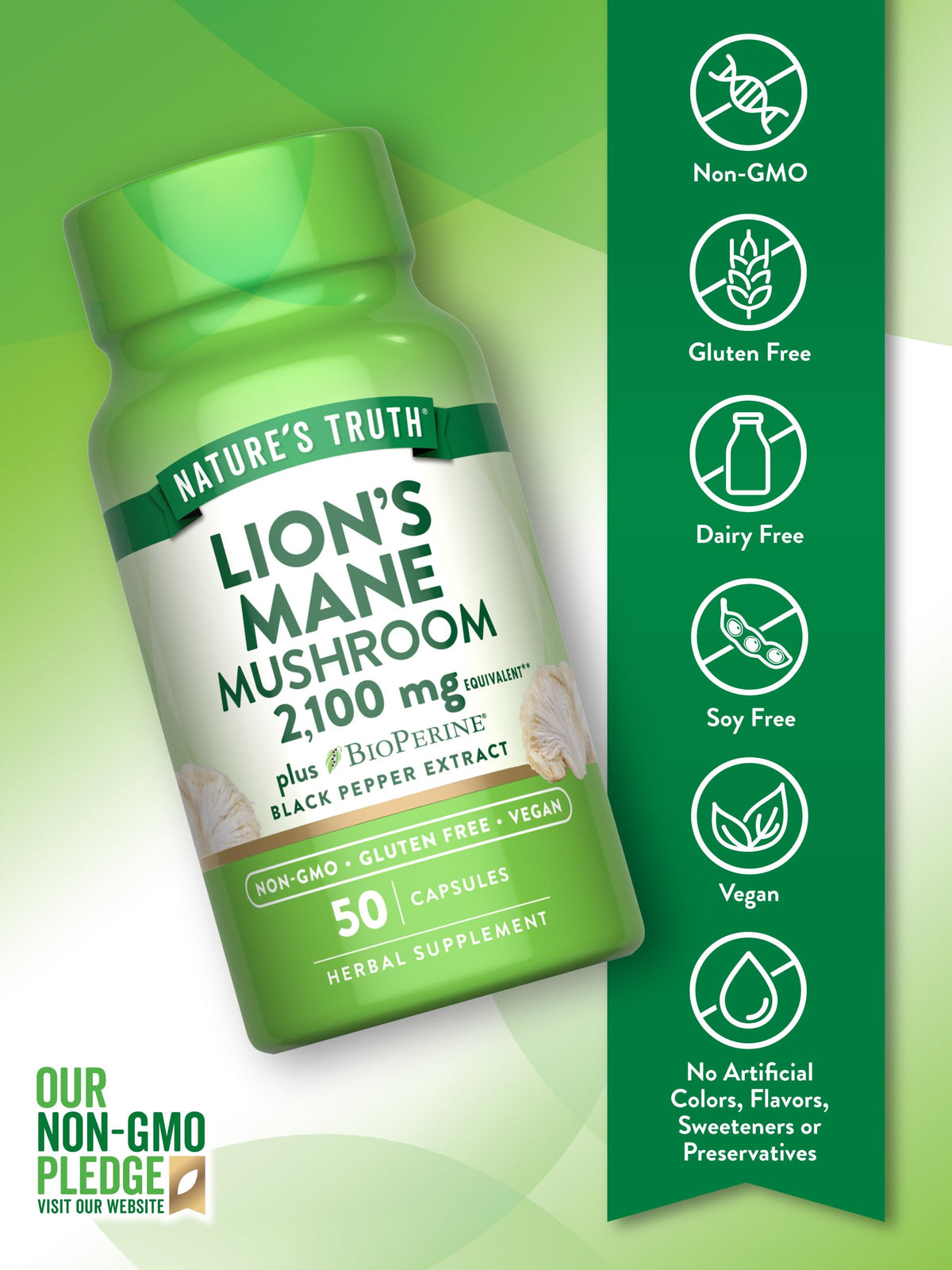 Nature's Truth capsules de champignon Lion, côté avec informations nutritionnelles