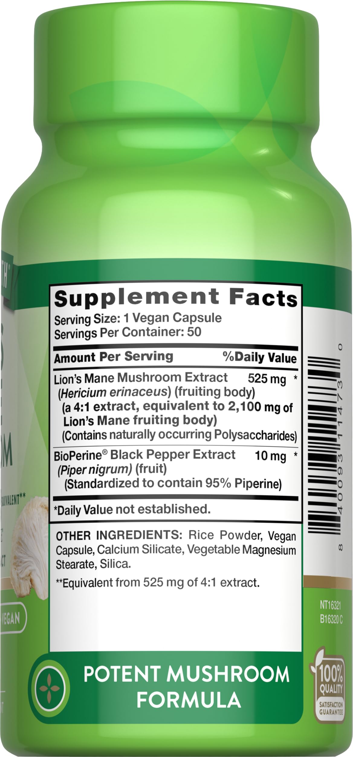 Nature's Truth capsules de champignon Lion, mise en scène sur une table
