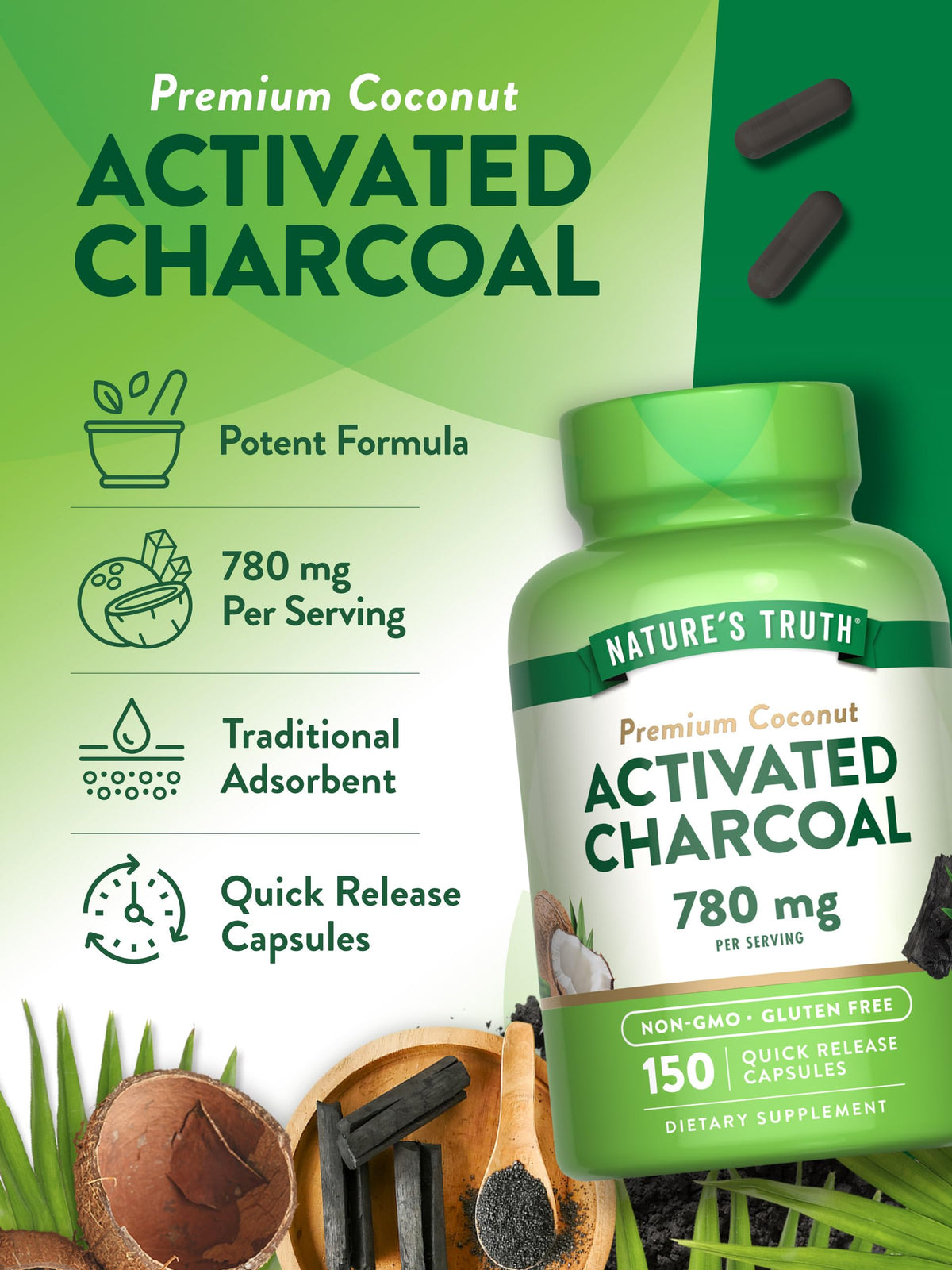 Nature's Truth Capsules de Charbon Actif 780 mg - gélules sur une surface blanche
