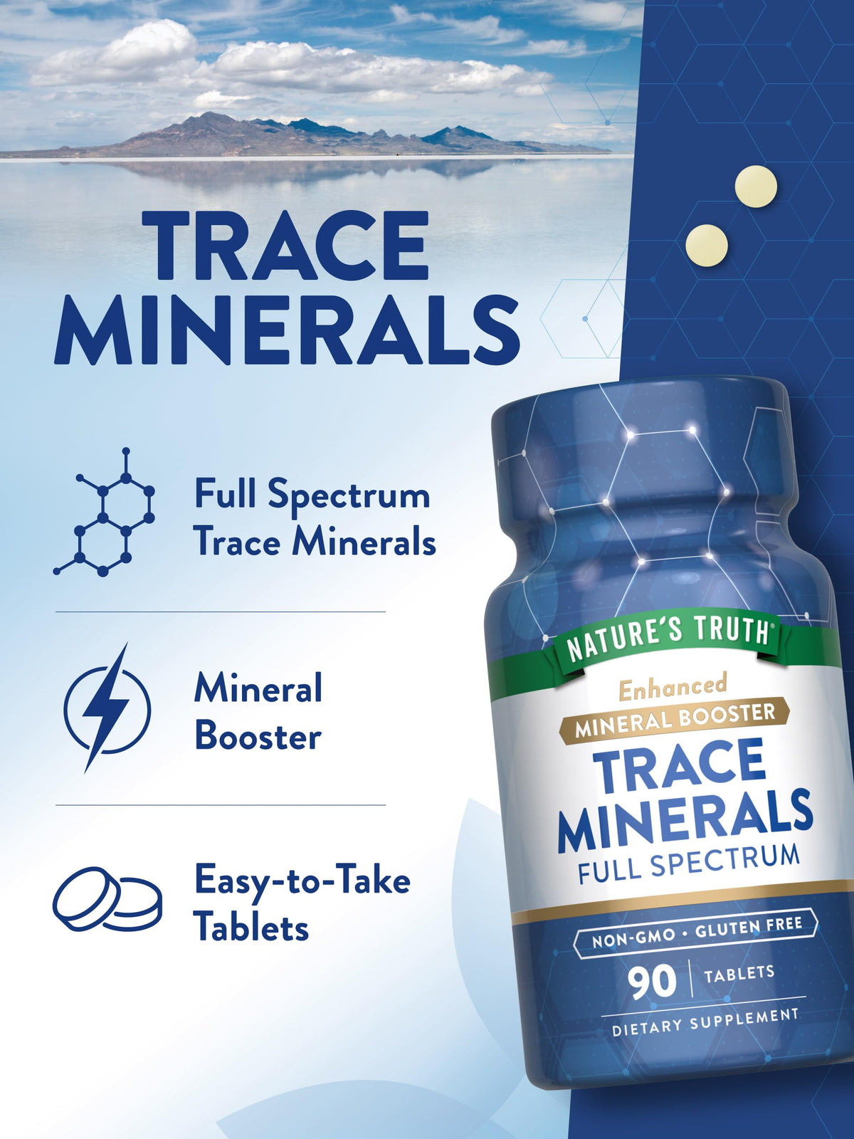 Nature's Truth Complément Alimentaire Minéraux Trace, comprimés sur fond blanc