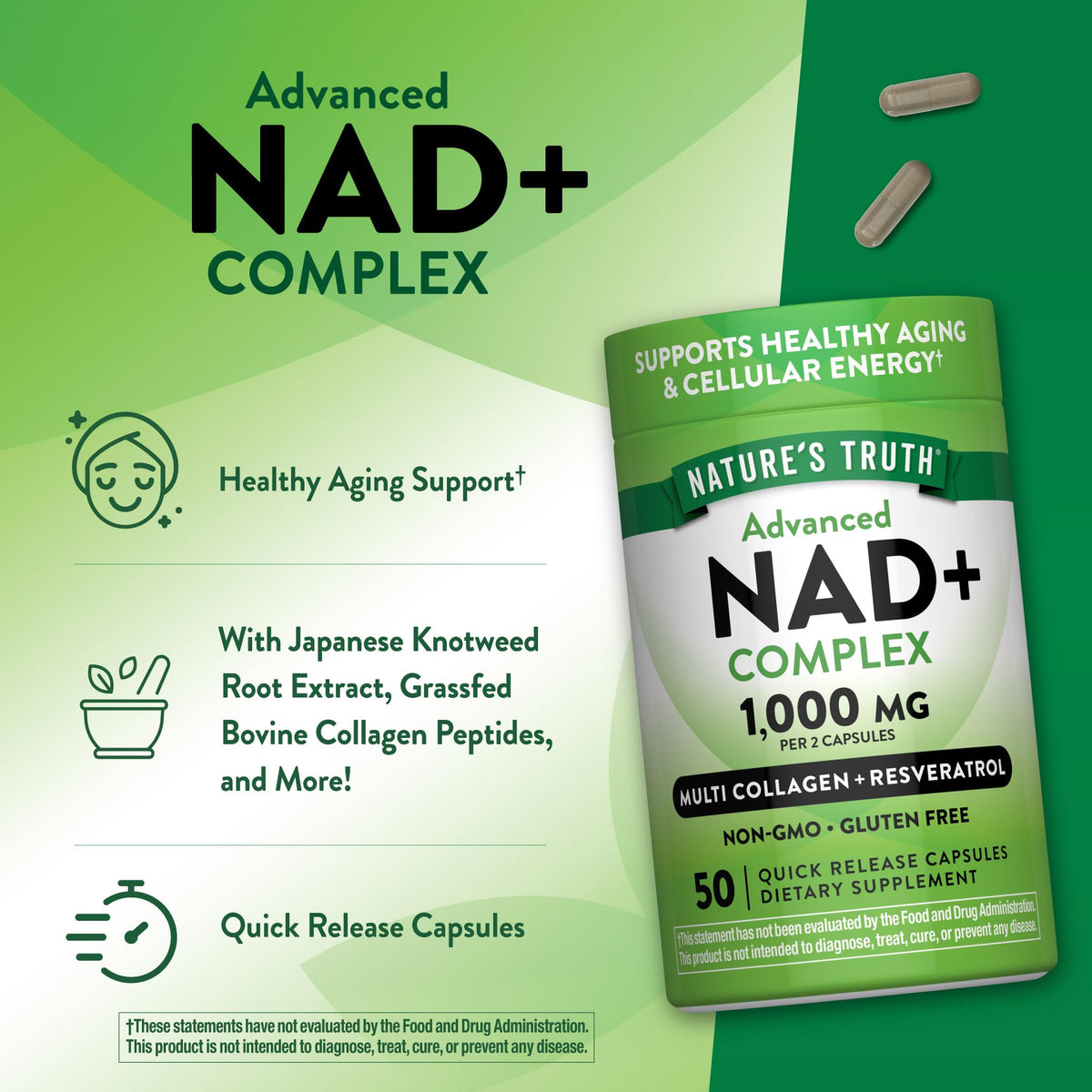 Nature's Truth Complexe NAD+ 1 000 mg capsules avec un verre d'eau