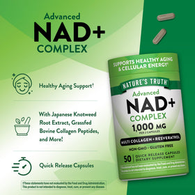 Nature's Truth Complexe NAD+ 1 000 mg capsules avec un verre d'eau