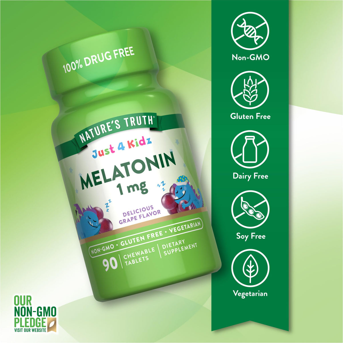 Nature's Truth Comprimés à Mâcher Melatonin 1mg saveur raisin côté