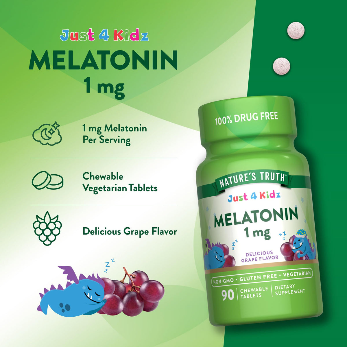 Nature's Truth Comprimés à Mâcher Melatonin 1mg saveur raisin en boîte