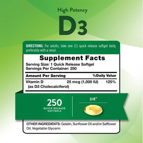 Nature's Truth D3 gélules molles, étiquette et informations nutritionnelles